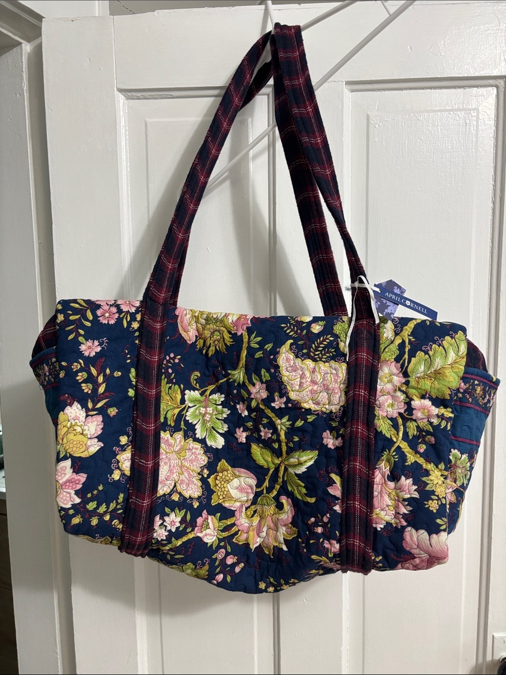 April Cornell Quilted zippered Floral duffle bag in Navy with Pink and Green